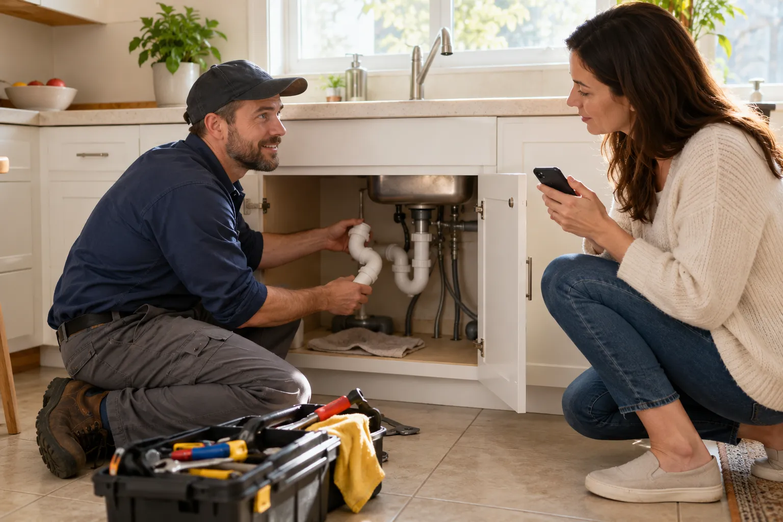 A homeowner and a local plumbing provider checking under a kitchen sink in a Plant City home
